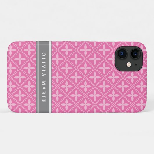 Roze Floral Trellis Pattern Grey Name Case-Mate iPhone Case (Achterkant (horizontaal))