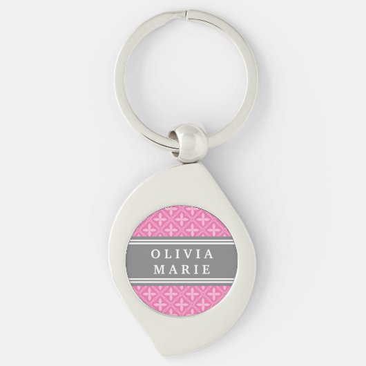 Roze Floral Trellis Pattern Grey Name Sleutelhanger (Voorkant)