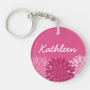 roze Floral Trio met naam Sleutelhanger