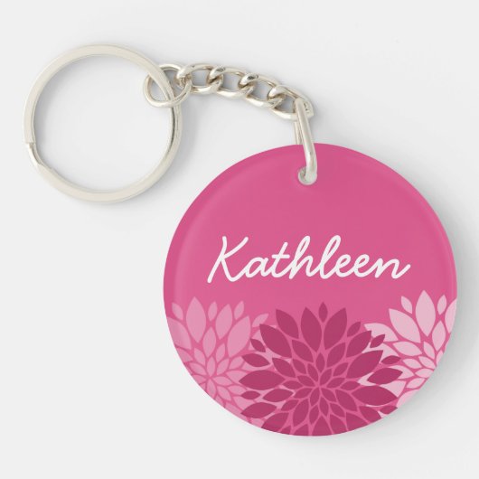  roze Floral Trio met naam Sleutelhanger (Voorkant)