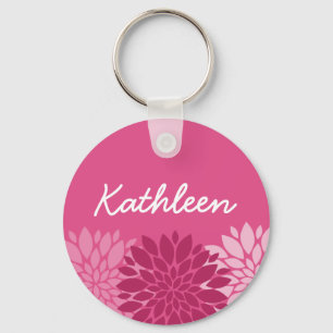  roze Floral Trio met naam Sleutelhanger
