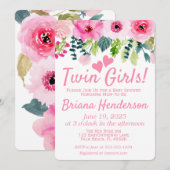Roze Floral Twin Meisjes Baby shower Invitation Kaart (Voorkant / Achterkant)