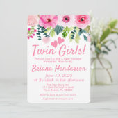 Roze Floral Twin Meisjes Baby shower Invitation Kaart (Staand voorkant)