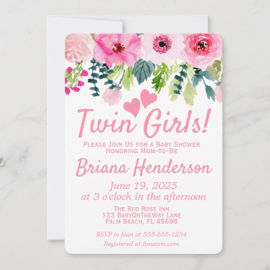 Roze Floral Twin Meisjes Baby shower Invitation Kaart (Voorkant)
