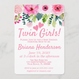 Roze Floral Twin Meisjes Baby shower Invitation Kaart