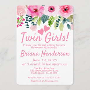 Roze Floral Twin Meisjes Baby shower Invitation Kaart