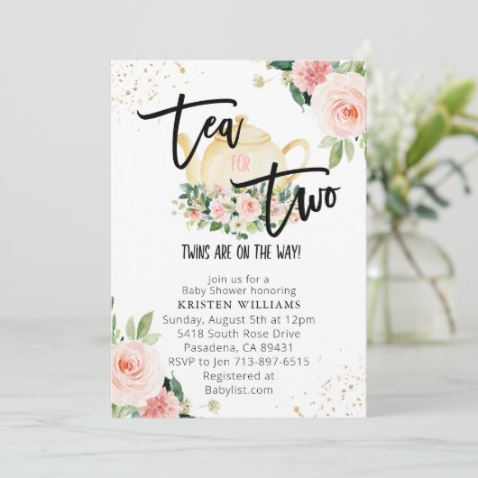 Roze Floral Twins Tea voor twee Baby showers Kaart (Staand voorkant)