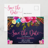 Roze Floral Typografie op Blauw sparen de Datum Aankondigingskaart (Voorkant / Achterkant)