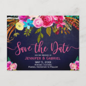 Roze Floral Typografie op Blauw sparen de Datum Aankondigingskaart (Voorkant)