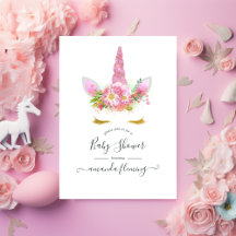 Roze Floral Unicorn Baby shower Uitnodiging