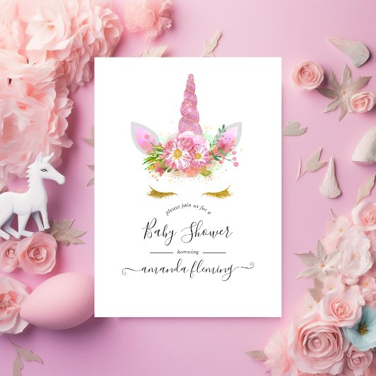 Roze Floral Unicorn Baby shower Uitnodiging