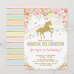 Roze Floral Unicorn Magical Birthday Rainbow Party Kaart