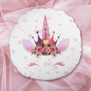 Roze Floral Unicorn op Hearts Valentijn Rond Kussen
