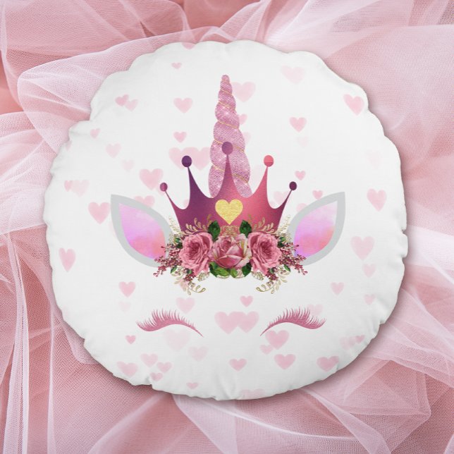 Roze Floral Unicorn op Hearts Valentijn Rond Kussen (Creator heeft geüpload)