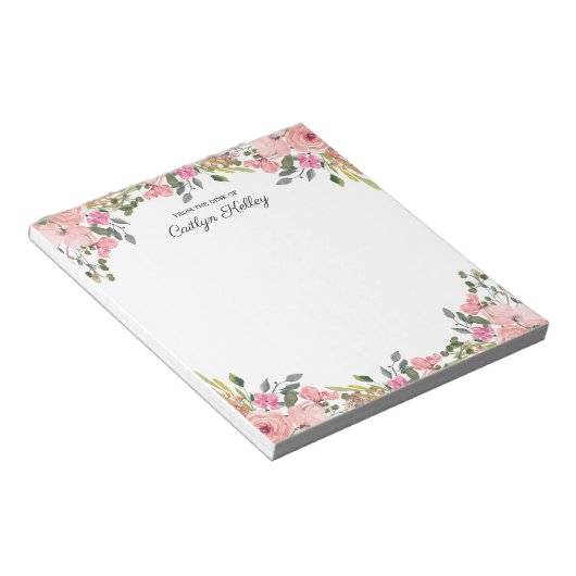 Roze Floral van het bureau van, gepersonaliseerd Notitieblok (Schuin)