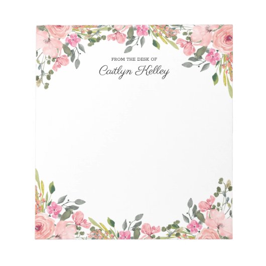 Roze Floral van het bureau van, gepersonaliseerd Notitieblok (Voorkant)