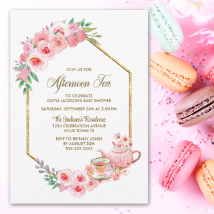 Roze Floral vanmiddag Baby shower Tea Kaart