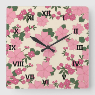 Roze Floral Vierkante Klok