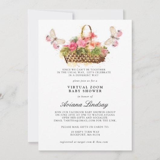 Roze Floral Virtual Online Baby shower Invitation Kaart (Voorkant)
