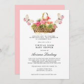 Roze Floral Virtual Online Baby shower Invitation Kaart (Voorkant / Achterkant)