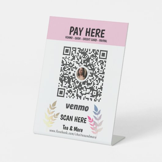 Roze Floral Voeg hier QR Code Venmo Betaal toe Reclamebord Met Voetstuk (Voorkant)