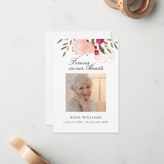 Roze Floral voor altijd in ons hart Notitiekaartje (Voorkant / Achterkant in situ)