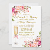 Roze Floral Vrijgezellenfeest Brunch Bubble Gold Kaart (Voorkant)