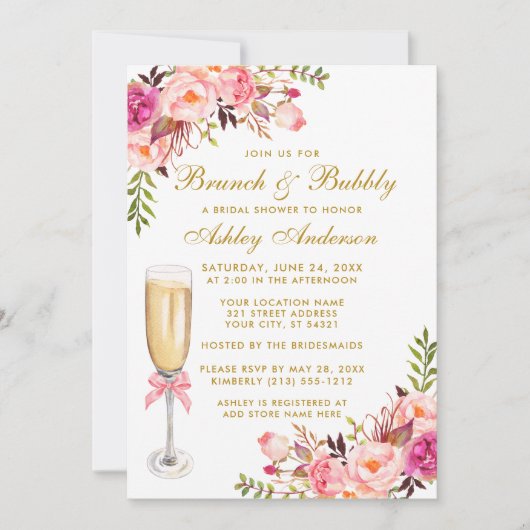Roze Floral Vrijgezellenfeest Brunch Bubble Gold Kaart (Voorkant)