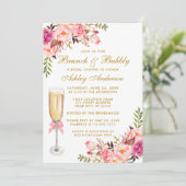 Roze Floral Vrijgezellenfeest Brunch Bubble Gold Kaart (Staand voorkant)
