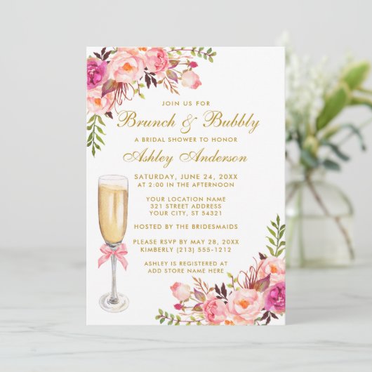Roze Floral Vrijgezellenfeest Brunch Bubble Gold Kaart (Staand voorkant)