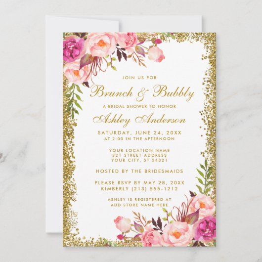 Roze Floral Vrijgezellenfeest Brunch Gold Glitter Kaart (Voorkant)