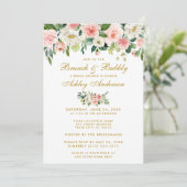 Roze Floral Vrijgezellenfeest Brunch Gold Invite P Kaart (Staand voorkant)