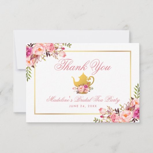 Roze Floral Vrijgezellenfeest Tea Party Bedankt Kaart (Voorkant)
