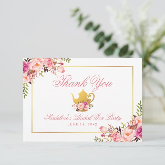 Roze Floral Vrijgezellenfeest Tea Party Bedankt Kaart (Staand voorkant)