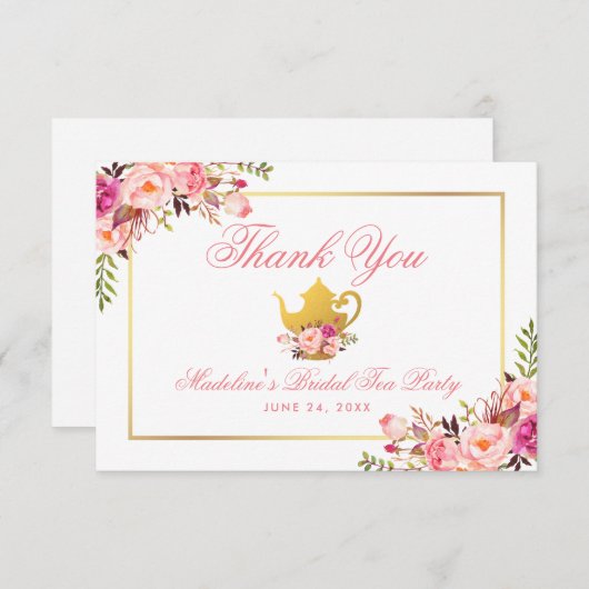 Roze Floral Vrijgezellenfeest Tea Party Bedankt Kaart (Voorkant / Achterkant)