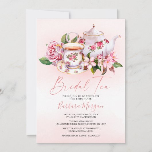 Roze Floral Vrijgezellenfeest Tea Party Invitation Kaart (Voorkant)