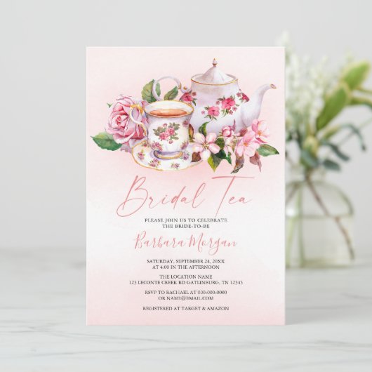 Roze Floral Vrijgezellenfeest Tea Party Invitation Kaart (Staand voorkant)
