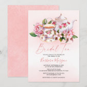Roze Floral Vrijgezellenfeest Tea Party Invitation Kaart (Voorkant / Achterkant)