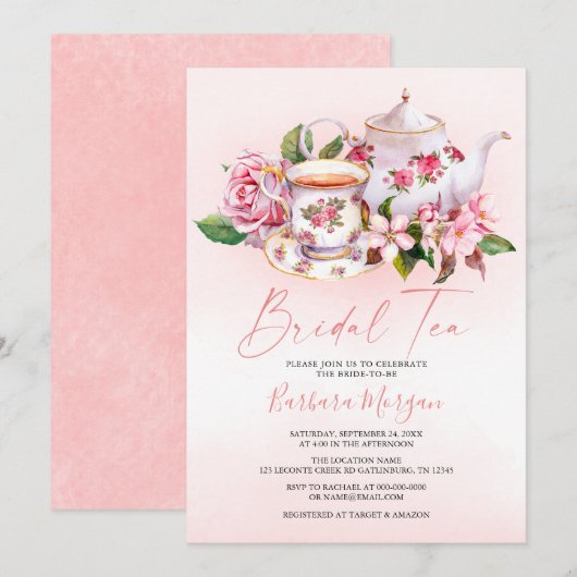 Roze Floral Vrijgezellenfeest Tea Party Invitation Kaart (Voorkant / Achterkant)