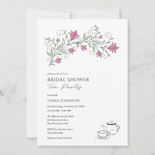 Roze Floral Vrijgezellenfeest Tea Party Invitation Kaart (Voorkant)