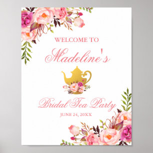 Roze Floral Vrijgezellenfeest Tea Party Welkom Poster