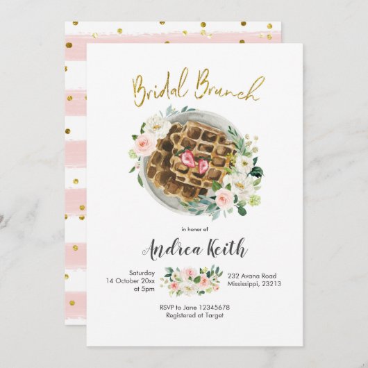 Roze Floral Waffle Bridal Brunch Uitnodiging (Voorkant / Achterkant)
