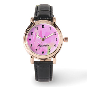 Roze Floral Watch met persoonlijke naam Horloge