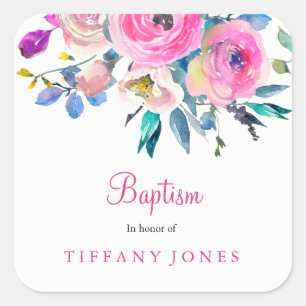 Roze Floral Waterverf Baptism Christening Sticker
