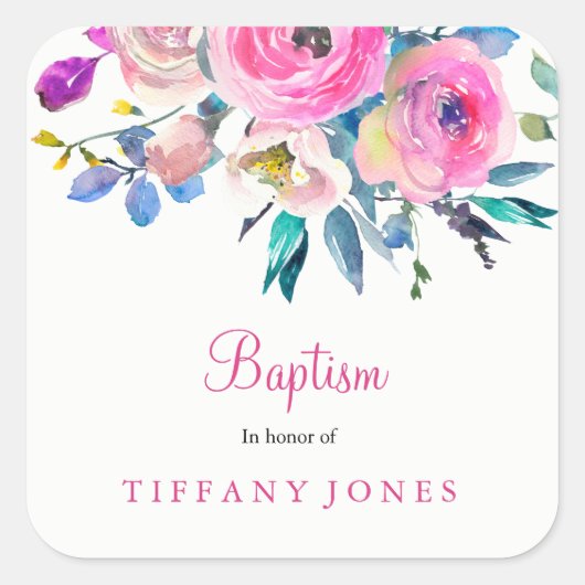 Roze Floral Waterverf Baptism Christening Sticker (Voorkant)