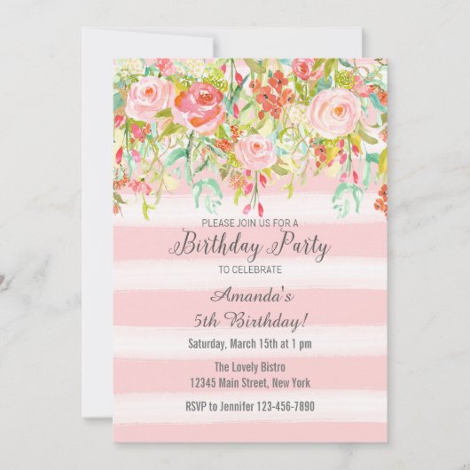 Roze Floral Waterverf Birthday Invitation Kaart (Voorkant)