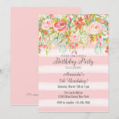 Roze Floral Waterverf Birthday Invitation Kaart (Voorkant / Achterkant)