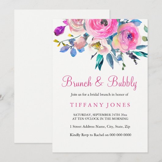 Roze Floral Waterverf Brunch & Bubble Invite Kaart (Voorkant / Achterkant)
