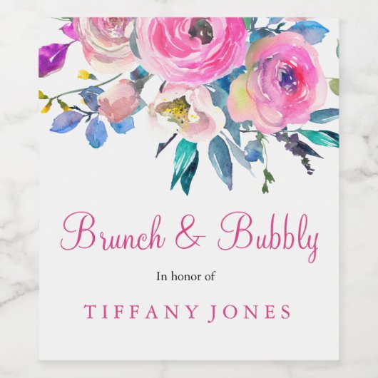 Roze Floral Waterverf Brunch & Bubble Wine Label Wijn Etiket (Enkel label)