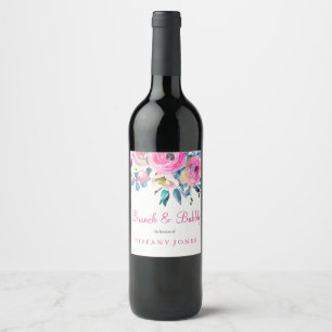 Roze Floral Waterverf Brunch & Bubble Wine Label Wijn Etiket